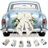 BARVERE Just Married - Set di decorazioni per auto nuziali con fiocco e scatole di latta, set di decorazioni tradizionali con grandi fiocchi, adesivi e scatole di latta, ideale per viaggi di nozze e foto