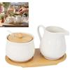 Zbozzba Set Lattiera E Zuccheriera - Lattiera in Porcellana & Zuccheriera (Bianco) | con Coperchio e Cucchiaio, Set di Contenitori in Ceramica con Vassoio in Legno, Stoviglie da Caffè Moderne per Cucina & Caffè