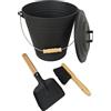 Relaxdays Secchio per Cenere con Coperchio, 15 l, Scopa e Paletta per Camino, Manico in Legno, Nero/Naturale