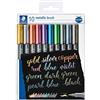 STAEDTLER 8321 Pennarelli brush metallici - 10 colori, 1-6 mm | Punta a pennello flessibile, inchiostro metallico su carta, cartoncino & vetro - lettering & deco - Art.-Nr. 8321 TB10