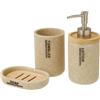 BAKAJI Set Bagno 3pz Con Dispenser Sapone Bicchiere Portaspazzolini Poliresina e Legno