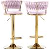 BAKAJI Set 2 Sgabelli Cucina Bar Schienale Intrecciato in Velluto Rosa Struttura Oro