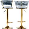 BAKAJI Set 2 Sgabelli Cucina Bar Schienale Intrecciato in Velluto Grigio Struttura Oro
