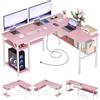 Homieasy Scrivania Angolare 128cm con Prese e USB, Rosa | Design Reversibile, Supporto CPU e Ripiano, Salvaspazio per Casa e Ufficio, Metallo e MDF