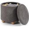 RELAX4LIFE Pouf Contenitore Imbottito, Poggiapiedi Rotondo con Gambe in Legno di Gomma e Coperchio Rimovibile, Sgabello Contenitore in Tessuto Ciniglia per Camera da Letto e Soggiorno (Grigio)
