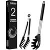 DaiRen Kitchen Cucchiaio in silicone per spaghetti e pinza per pasta, forchetta con denti | Antiaderente, resistente al calore, manico in acciaio inox, pinza per spaghetti, nero