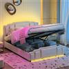 UwvEranthropy Letto imbottito 140x200 cm con vano contenitore e illuminazione a LED, letto in velluto effetto orsacchiotto con funzione di ricarica USB-C, letto funzionale con testiera a mensola e vani laterali