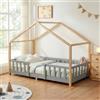 [en.casa] Letto a Casetta per Cameretta 90x200 cm Grigio Chiaro/Naturale | Barriera di Protezione Anticaduta, Letto Singolo per Bambini, Struttura in Legno di Pino, Stile Montessori