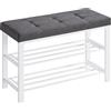 SONGMICS Panca Scarpiera, Scaffale Porta Scarpe a 3 Ripiani, Portaoggetti, Sedile Imbottito, Lino, Struttura in Metallo, Entrata Soggiorno Corridoio, 31 x 81 x 49 cm, Bianco e Grigio LBS057W03