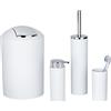 WENKO Calvo Set di accessori da bagno, 4 pezzi, dispenser di sapone, bicchiere per spazzolino, scopino WC, scopino per WC, cestino per cosmetici, set da bagno, bianco
