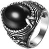 Aroncent Anello da uomo con sigillo in stile vintage, con occhio di tigre, turchese ovale, in ossidiana nera, in acciaio inox, stile motociclista, colore: blu navy