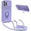 Cqkob Cover con Cordino per iPhone 12/12 Pro,Custodia Collana Tracolla Laccio Collo Morbido TPU Silicone Case, Slidable Protezione Fotocamera Slot Carte 360° Anello Support,Viola