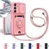 Aithne Cover Compatibile con Samsung Galaxy S24 FE, Slidable Protezione Fotocamera, 360°Anello Support Slot Schede Cordino Collana Necklace Silicone Case - Pink