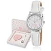 Marea Orologio da bambina comunione B41400/1- cassa in metallo, cinturino in pelle bianca con cucitura rosa, quadrante con disegno di cane, set con astuccio a forma di cuore