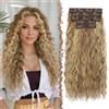 FESHFEN 5PCs Extension Capelli Clip Blond Ondulati Ricci per Donna, 45 cm | Estensioni con Clips Posticci Naturali Sintetici Resistente al Calore, Facili da Applicare, per Festa Cosplay Uso quotidiano
