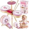 LINFUN KIDS Tamburo Bambini Set,Batteria Giocattolo in Legno 1 Anno Rosa | Giocattoli Musicali con Tamburo Strumenti Musicali Montessori Interattivo Regalo per Ragazzi e Ragazze 2 3 Anni