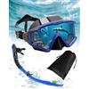 Lorrtta Set da snorkeling a 3 finestre, per adulti, maschera panoramica a 180° con boccaglio Dry Top, maschera subacquea in vetro temperato anti-appannamento per uomini e donne, colore nero e blu