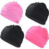 Mystnviou Cuffia da nuoto donna, set 4 pezzi, elastica, per capelli lunghi, piscina | Morbida cuffia in nylon, tessuto elasticizzato, ad asciugatura rapida, 4 pezzi: 2 nere, 1 fucsia, 1 rosa