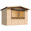 TIMBELA M150Z Casa da giardino in legno, bancarella da mercato in legno, grande supporto da venditore, con piano di lavoro, 263 x 336 cm, facile da montare e smontare, bar da giardino, capanno da