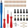 Wotrilw 47 Pezzi Smontavalvole, Kit Installazione Stelo in Alluminio TR412 45 mm con Nuclei, Tappi e Chiave 4 Vie per Riparazione Auto, Moto e Bici, Pneumatici Tubeless