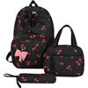 Generic Set di 3 zaini per ragazze adolescenti, grazioso zaino da scuola con accessori abbinati, zaino leggero in nylon impermeabile, zaino multitasche per scuola, viaggi e uso quotidiano, Ciliegia nera, Set