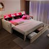 Idemon Letto imbottito allungabile, 90/180 x 190 cm, testiera con scomparti integrati, barra luminosa e prese di ricarica, con due cassetti e rete a doghe, tessuto di velluto (beige)