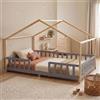 [en.casa] Letto a Casetta per Cameretta 140x200 cm Grigio Chiaro/Naturale | Barriera di Protezione Anticaduta, Letto Francese per Bambini, Struttura in Legno di Pino, Stile Montessori