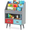 COSTWAY Libreria per Bambini, Scaffale in Legno per Bambini con 3 Ripiani, Scomparto Aperto e 2 Cassetti in Tessuto Pieghevoli, Organizzatore per Giocattoli, 63x30x97 cm (Grigio)