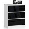 AKORD Cassettiera K60 con 3 Cassetti | Credenza Alta | Moderna Mobiletto per Soggiorno Sala da Pranzo Camera da Letto Corridoio Bagno | Armadio Cameretta | 60x77x40 cm 25 kg Bianco/Nero lucido