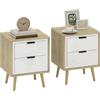 HOMCOM Comodino a 2 cassetti 40x35x50cm Bianco lucido e Quercia | Set di 2 comodini moderni, scorrimento silenzioso, gambe in legno, per camera da letto e soggiorno