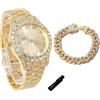 genkigold Orologio con Diamanti per Ragazzi - Quadrante Rotondo 43mm con Numeri Romani - Placcato in Oro 18K Cinturino 20,5cm - Include Strumento di Regolazione, Abbinato a Catena Cubana 18cm