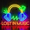 soulglass Luce al neon a LED con motivo Lost in Music con cuffie e onde sonore, opzione testo personalizzato per camera da letto, configurazione di gioco o cabina DJ, presa USB con controllo in linea