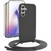 DiDaDi Cover Set di 5 in 1 per Samsung Galaxy A54 con Cordino + custodia protettiva trasparente, 2 pellicola protettiva + Protezione Pellicola Vetro Fotocamera, Antiurto Case, Nero