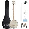 Mulucky 5 Corde Banjo, Taglia Intera con 24 Staffe, Fondo Aperto, Banjo in Acero con Testa Remo, Sintonizzatore 5° con Ingranaggi, Confezione Regalo con Kit per Principianti - MB1101