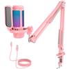 TONOR Gaming Microfono, USB Mic con Supporto per Braccio, Micro a Condensatore Cardioide con RGB e Luminosità Regolabili, Mute Rapido, Controllo del Guadagno, per Streaming, Gaming,Rosa, TC310+