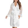 Generic Vestaglia da Donna in Pizzo Satinato Bianco Di Lusso,Vestaglia Sexy a Maniche Lunghe con Patchwork e Finiture in Piume,Vestaglia da Notte Cardigan per Pigiama Party