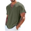 Generic Camicia da uomo casual in lino con scollo a V a maniche corte sfilacciato bordo grezzo maglietta estiva invecchiata tinta unita leggera traspirante top