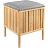 Relaxdays cesto biancheria in bambù, coperchio imbottito e seduta, 52x39x39 cm, sgabello contenitore, naturale/grigio