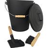 Relaxdays Secchio per Cenere con Coperchio, 24 L, Scopa e Paletta per Camino, Contenitore con Manico, Nero/Naturale