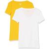 Amazon Essentials T-Shirt con Scollo a v a Maniche Corte Slim Donna, Pacco da 2, Bianco/Giallo Drato, S