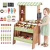HOMASIS Bancarella del Mercato, Bancarella in Legno con 6 Scomparti, 2 Contenitori Rimovibili, Accessori Vari e Tetto a Righe, Gioco Ruolo, Negozio di Giocattoli per Bambini 3+ Anni, 50 x 33 x 91 cm