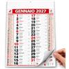 Kartoflak - Calendario 2027 da Muro Parete ROSSO 12 Mesi Trimestrale | Numeri grandi, Spazio per le note - Scadenze e Planning giornaliero, Tre mesi per pagina, Festività Santi e fasi Lunari.
