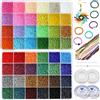 Bala&Fillic Perline da 2 mm 12/0 per la creazione di gioielli, 48 colori Circa 38400 perline di vetro artigianali con aghi per perline Corda elastica per bracciali, orecchini, collane