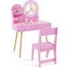 COSTWAY Toeletta Trucco Bambina da Principessa con Specchio Illuminato | Specchiera Trucco Bambina con Ripiano Aperto, Ganci e Cassetti, Set di Mobile in Legno per Cameretta Ragazza