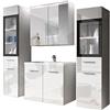Mirjan24 Udine II - Set di mobili da bagno con lavabo e sifone, bagno moderno, completo, con specchio, mobiletto per lavabo, armadietto alto, senza illuminazione, colore bianco / bianco lucido