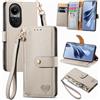 SATURCASE Custodia per Oppo Reno 10, a portafoglio in pelle PU con cuore e doppia fibbia magnetica con cerniera, scomparto per carte di credito, cordino custodia protettiva per Oppo Reno 10