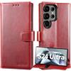 Lensun Cover in Pelle Vera per Samsung Galaxy S24 Ultra- Vino Rosso | Cover in Vera Pelle Protettiva Libro con Portafoglio [RFID Blocking] Chiusura Magnetico Flip Custodie Cuoio