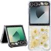 Abbery Custodia per Samsung Galaxy Z Flip 5/Z Flip 6/Z Flip 7 FE con glitter trasparente con veri fiori secchi, antiurto, antigraffio, per donne e ragazze (oro margherita)