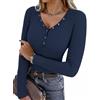 Aottori Shirt Donna Manica Lunga a Costine Slim Fit Scollo a V Blu Scuro M