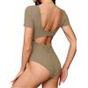 Missufe Body estivo da donna, con schiena scoperta, a maniche corte, scollo quadrato, a maglia, attillato